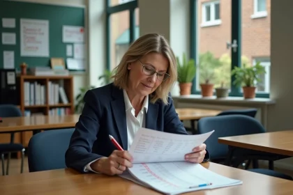 Professeure consultant un calendrier de dates de paie 2026 dans la salle des enseignants