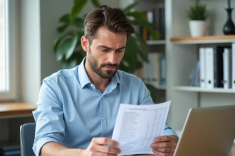 Homme professionnel analysant une fiche de paie à son bureau en 2026, calcul salaire brut net