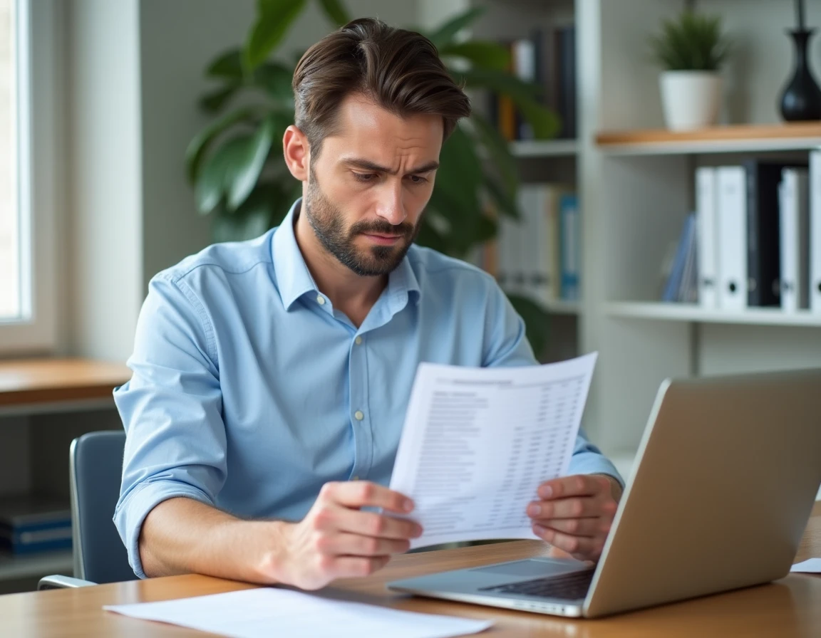 Homme professionnel analysant une fiche de paie à son bureau en 2026, calcul salaire brut net