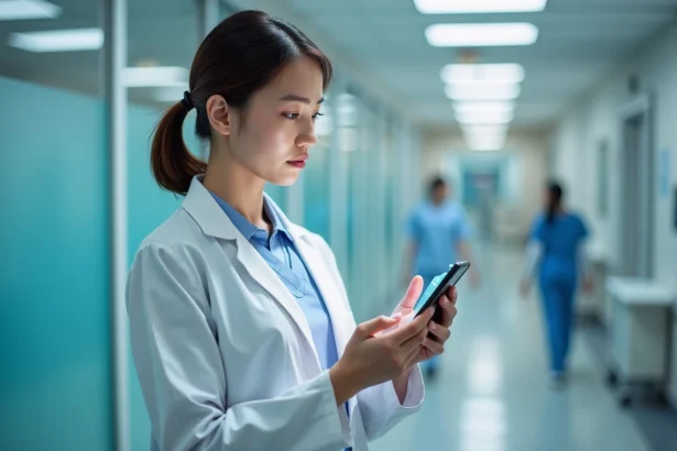Professionnelle de santé consultant l'application mobile Casudmed sur smartphone dans un couloir hospitalier