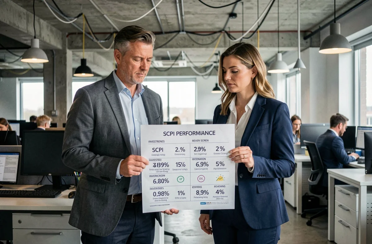 Deux professionnels comparant les performances et avis d'investisseurs sur une SCPI
