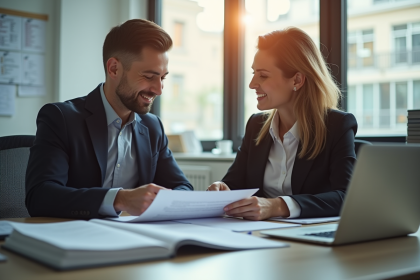 Deux professionnels en bureau moderne discutant de contrats