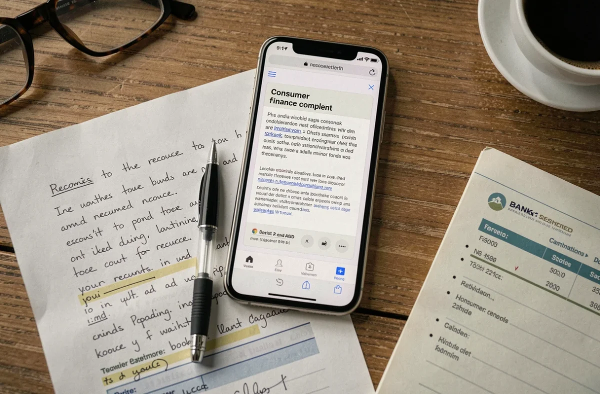 Documents et smartphone affichant un formulaire de réclamation pour un litige CA Consumer Finance, stylo et relevé bancaire sur un bureau en bois