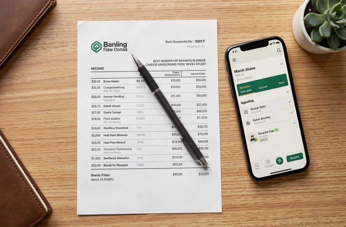 Gros plan sur un relevé bancaire imprimé avec un stylo et un smartphone affichant une application bancaire