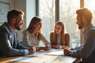 Jeune couple rencontrant un conseiller immobilier dans un bureau lumineux