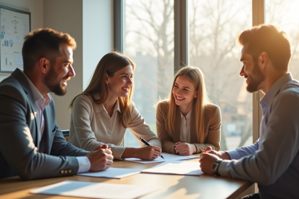 Jeune couple rencontrant un conseiller immobilier dans un bureau lumineux