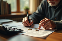 Personne âgée calculant sa retraite avec documents vintage