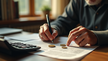 Personne âgée calculant sa retraite avec documents vintage