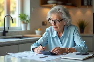 Femme retraitée en cuisine analysant ses documents financiers