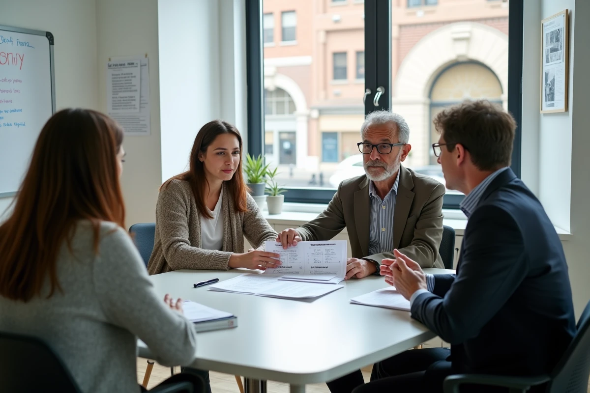 Groupe de personnes en réunion avec une conseillère Pôle emploi autour d'un tableau sur les droits au chômage 2026