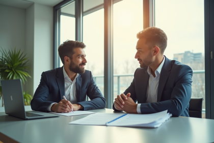 Deux collègues signent un contrat au bureau en lumière naturelle