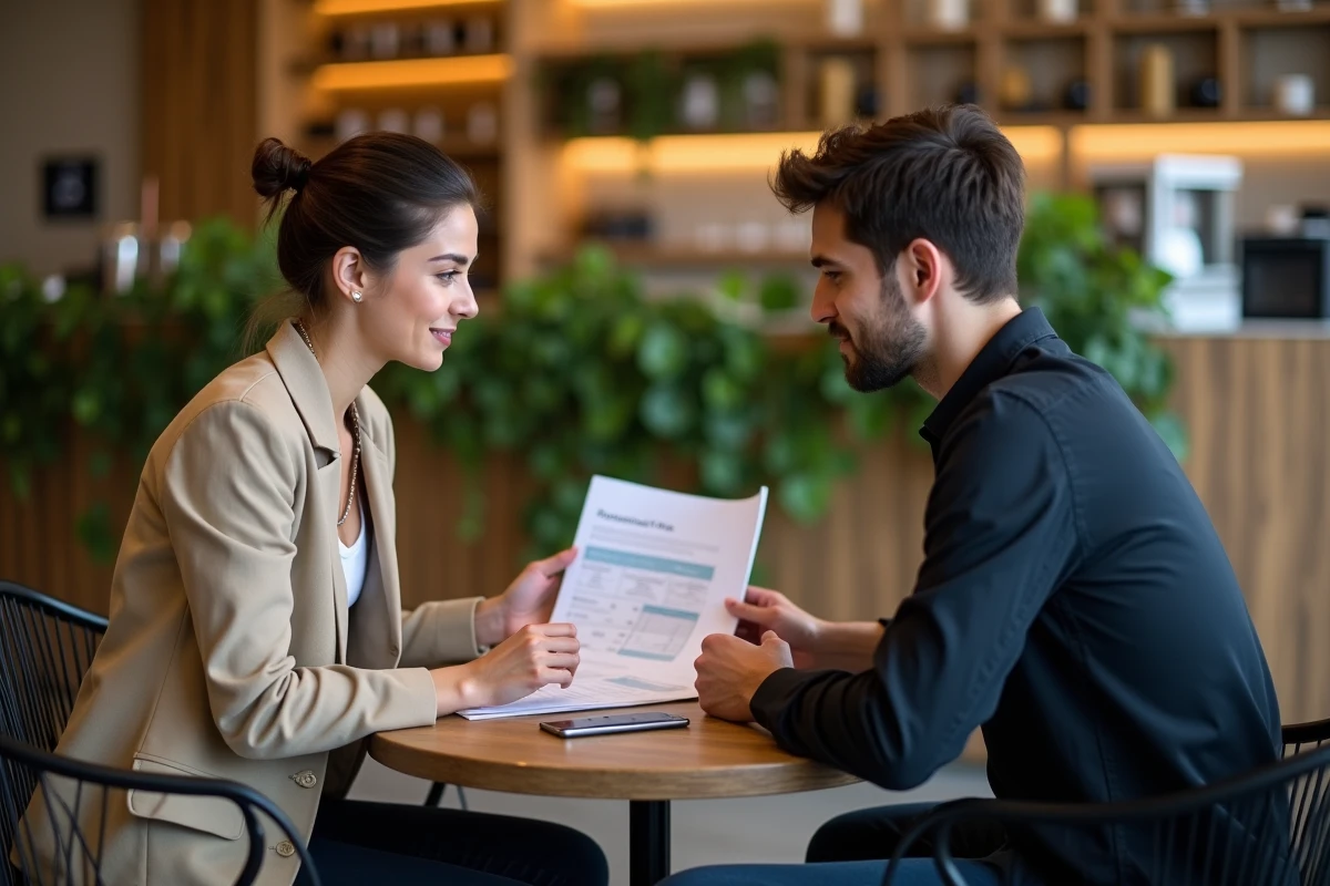 Deux jeunes entrepreneurs en réunion pour obtenir un financement Avanseo sans bilan comptable dans un espace de travail moderne