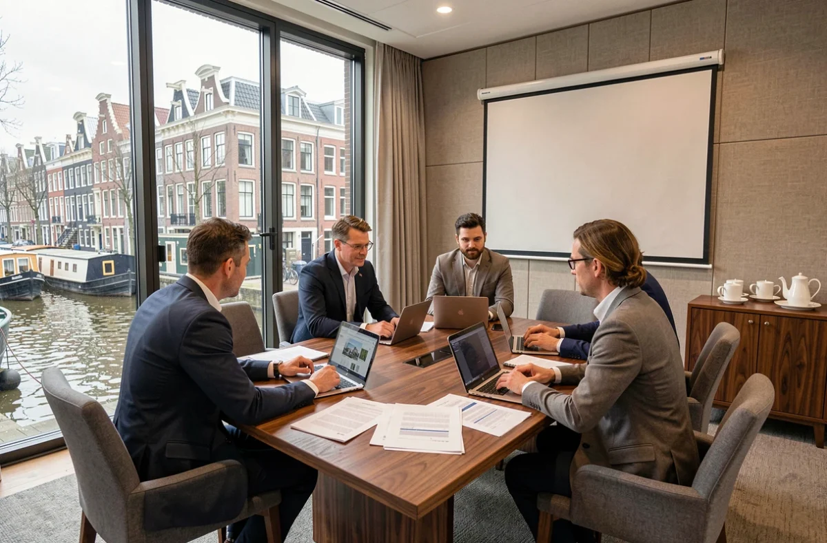Réunion de professionnels de l'investissement immobilier dans une salle de conférence d'hôtel à Amsterdam avec vue sur canal, symbolisant la gestion de SCPI hôtelière en Europe