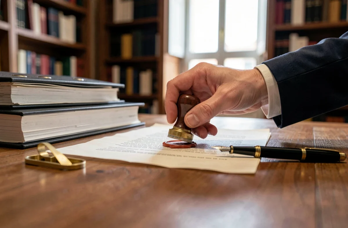 Gros plan d'un notaire apposant un sceau de cire officiel sur un document juridique dans un bureau notarial à Marseille