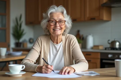 Femme senior souriante remplissant des papiers dans la cuisine