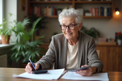 Femme senior souriante avec documents de retraite