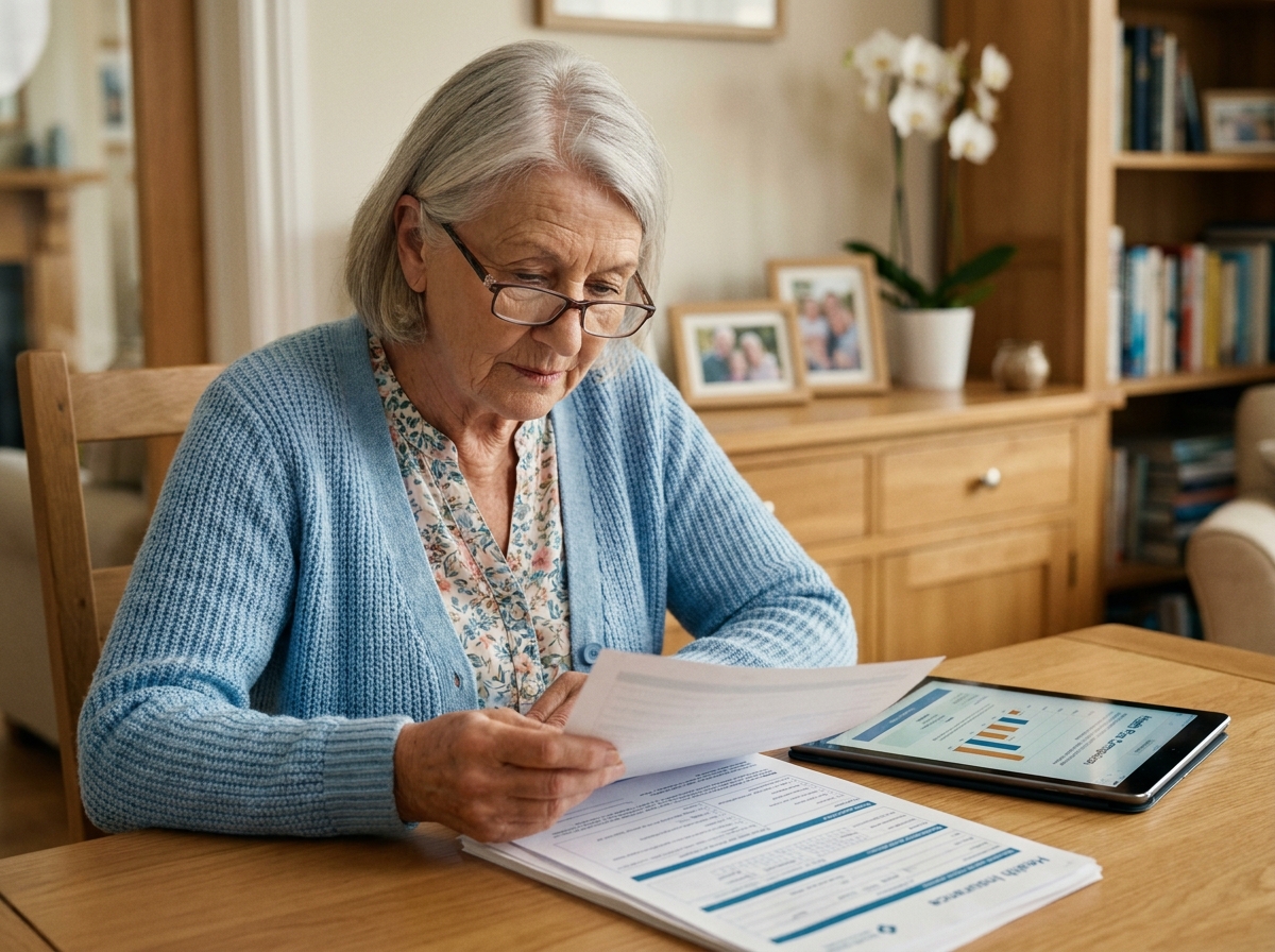 Senior femme lisant des documents de comparaison de mutuelle santé économique à son bureau à domicile