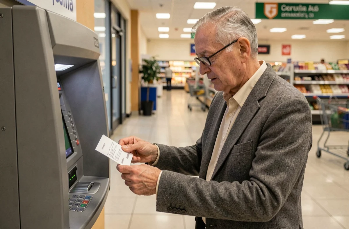 Homme senior consultant un reçu de distributeur automatique de billets à l'intérieur d'un supermarché