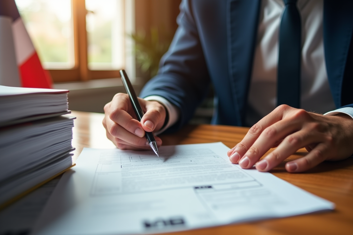 Entrepreneur signant documents officiels avec drapeau francais en fond