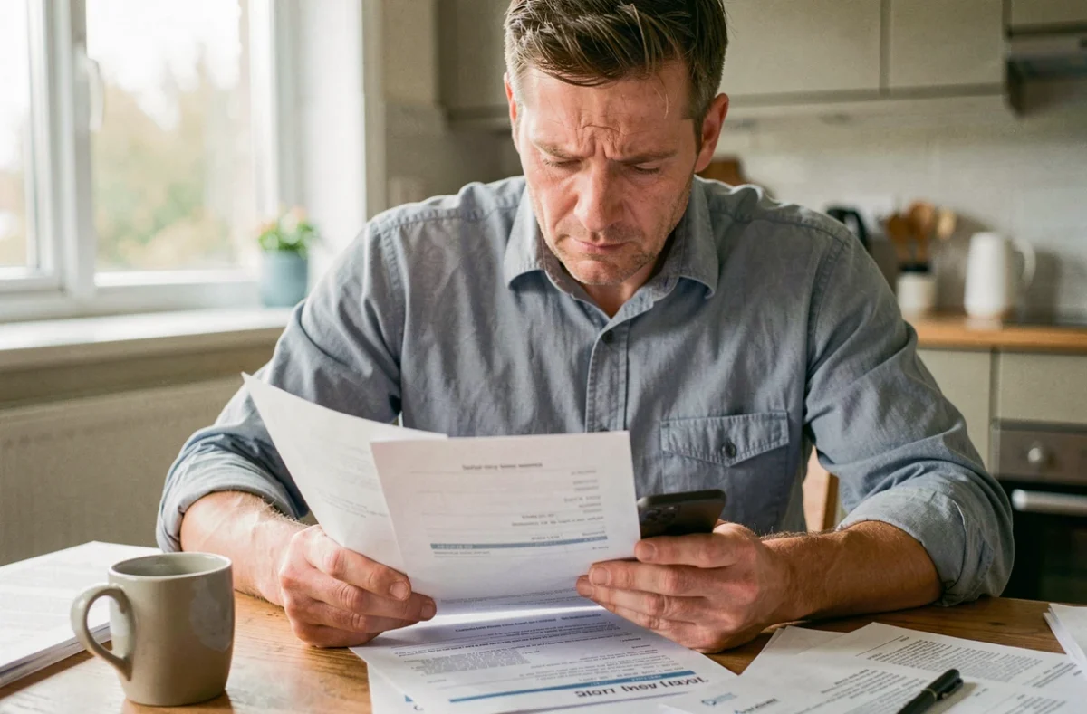 Homme consultant un simulateur de salaire brut net sur smartphone depuis son domicile avec des documents de paie étalés sur la table