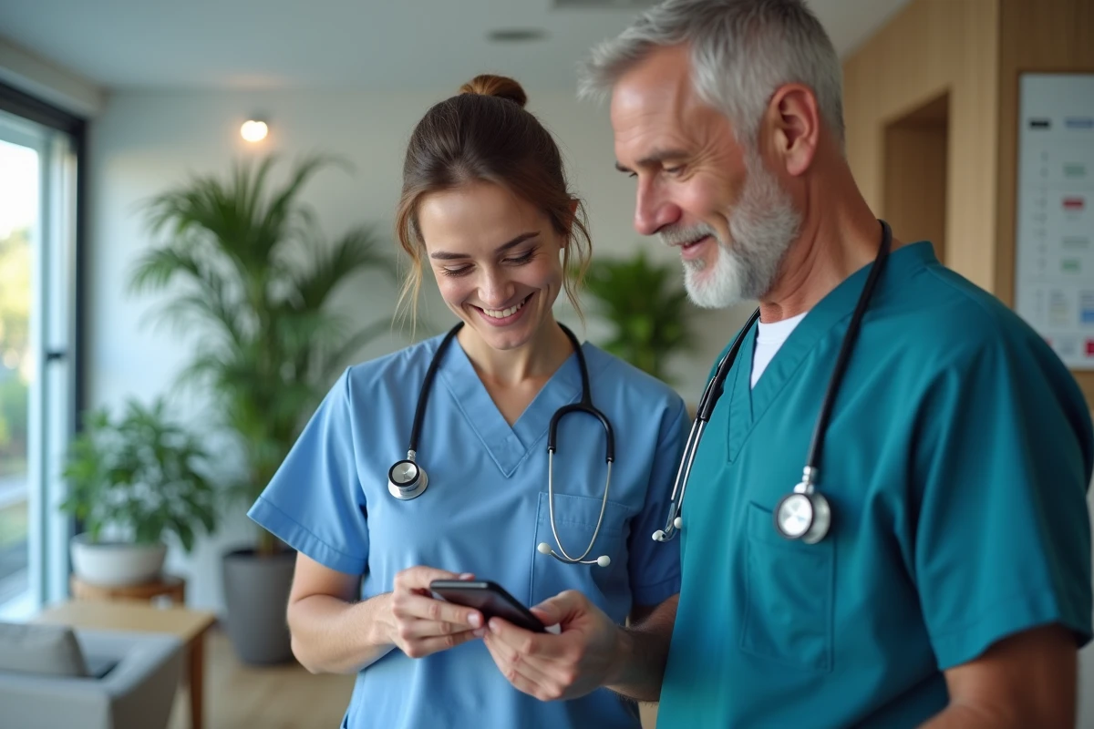 Deux soignants consultant ensemble l'application Casudmed sur smartphone dans une clinique moderne