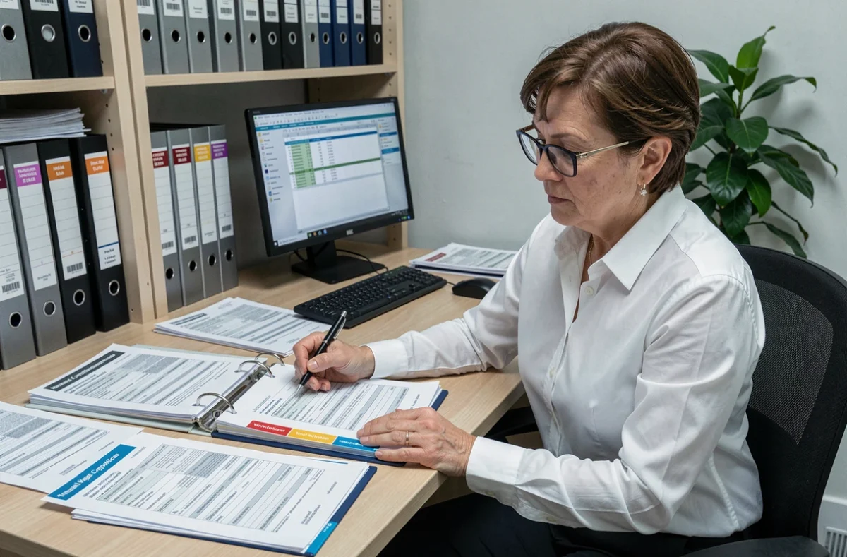 Spécialiste de la paie vérifiant les fiches de salaire et le taux horaire brut du SMIC 2026 dans un bureau administratif
