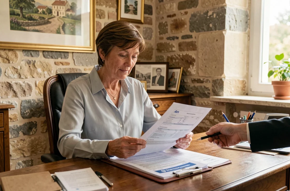 Courtière indépendante SYLIAU dans son bureau au décor régional de l'Ain, examinant un dossier de crédit immobilier avec un client