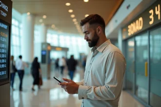 Homme examinant un tableau de taux de change de dirhams émiratis dans un aéroport de Dubaï avec son smartphone