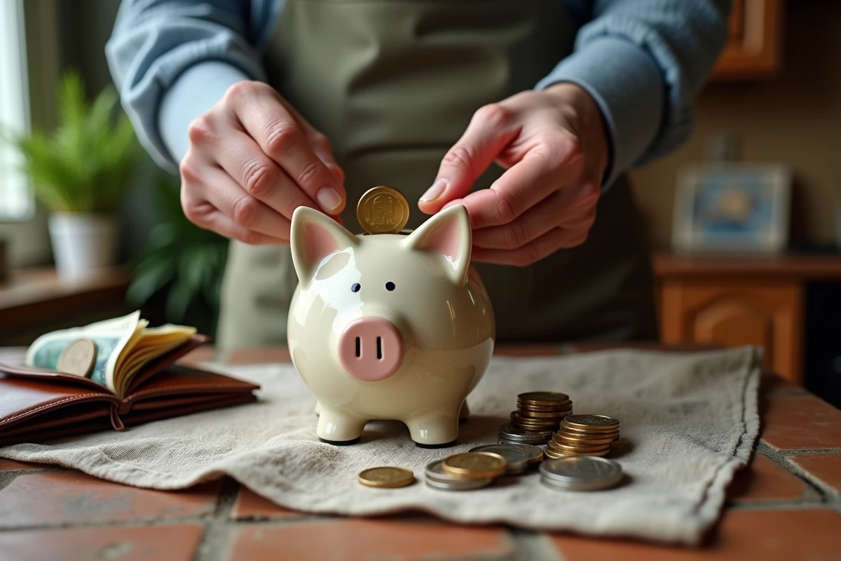 Mains matures déposant des pièces et billets dans une tirelire en céramique sur une table de cuisine rustique en Picardie