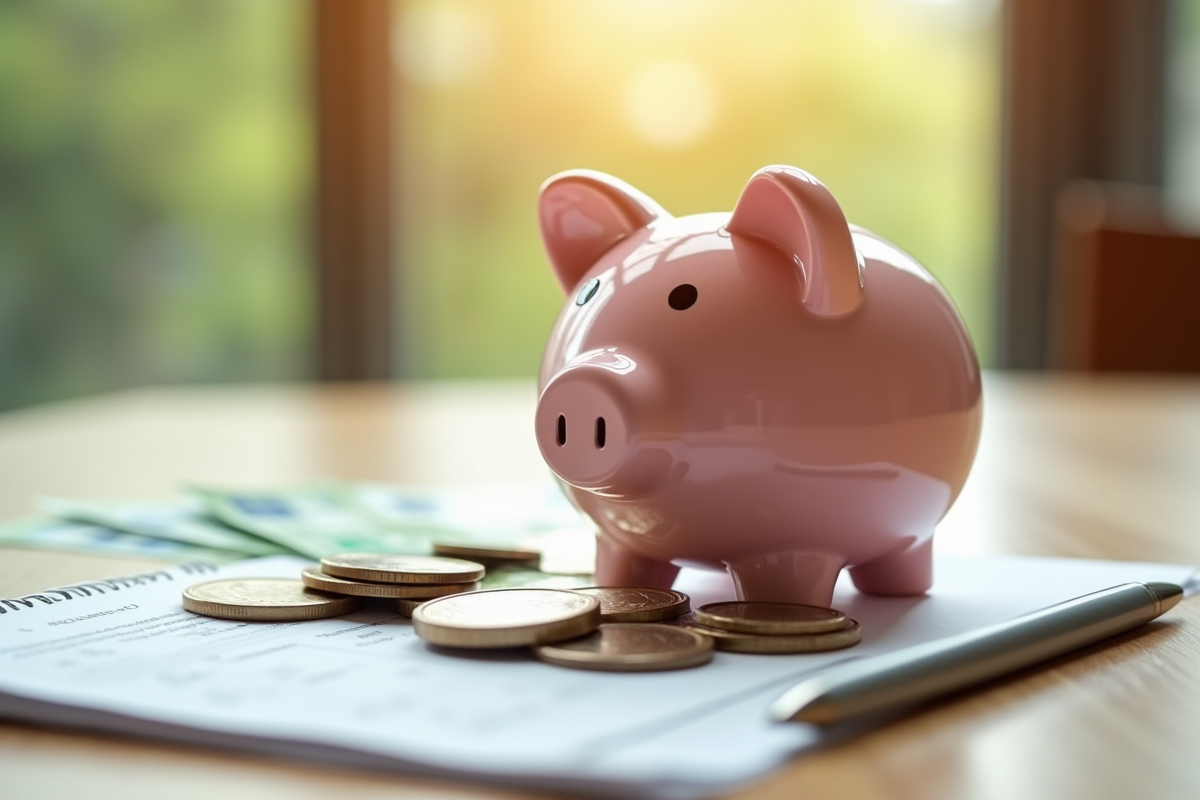 Tirelire entourée de pièces et billets d euro sur une table en bois