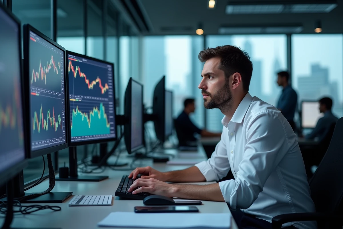 Trader professionnel analysant les marchés boursiers européens et américains sur plusieurs écrans dans une salle de trading moderne à Londres