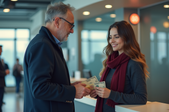 Homme d'âge moyen remettant de l'argent à une femme dans une banque