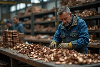 Ouvrier en veste bleue triant des morceaux de bronze recyclé