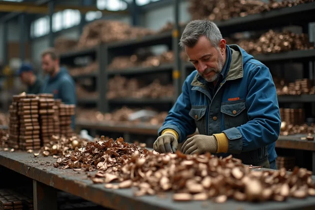 Ouvrier en veste bleue triant des morceaux de bronze recyclé