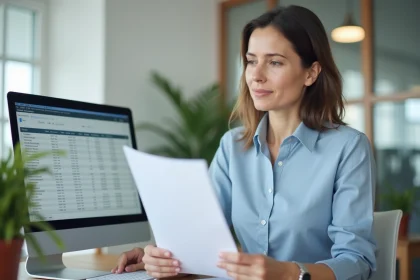 Femme professionnelle vérifiant des bulletins de paie imprimés sur un bureau moderne