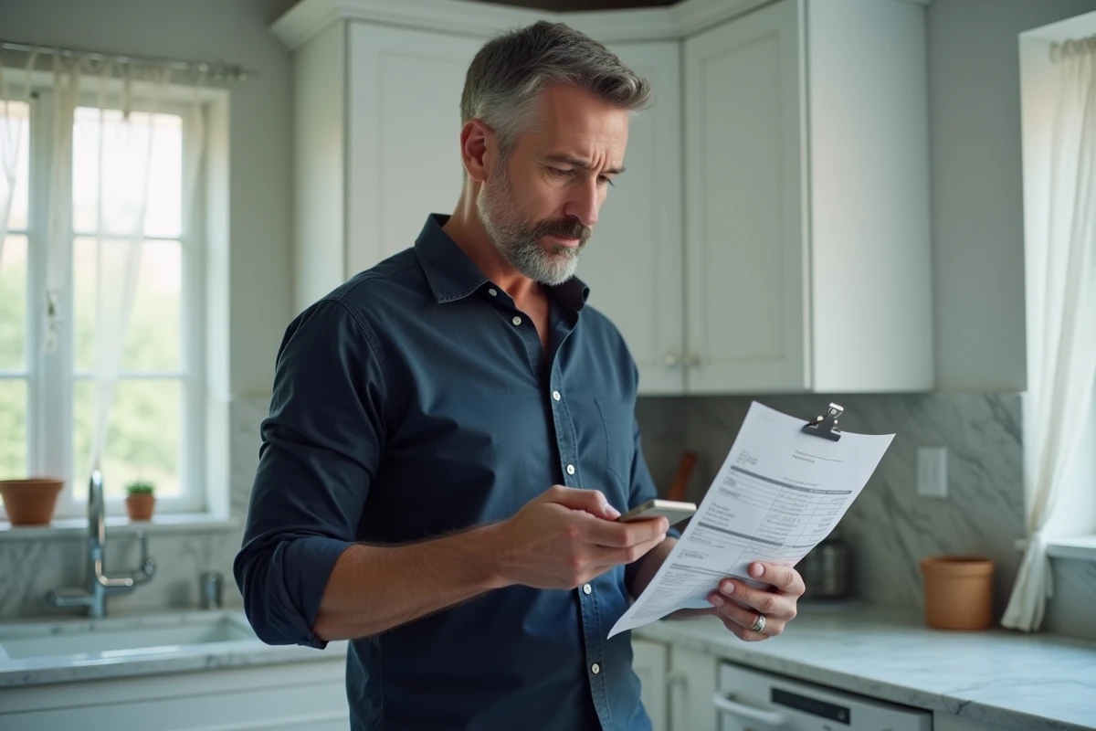 Homme vérifiant la sécurité de ses transactions en ligne avec un relevé bancaire et un smartphone