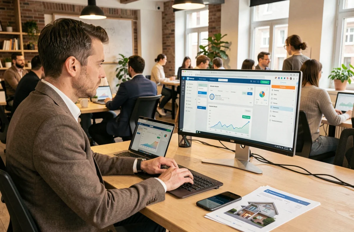 Conseiller VousFinancer Ain travaillant sur une plateforme numérique de courtage en crédit immobilier dans un espace de coworking