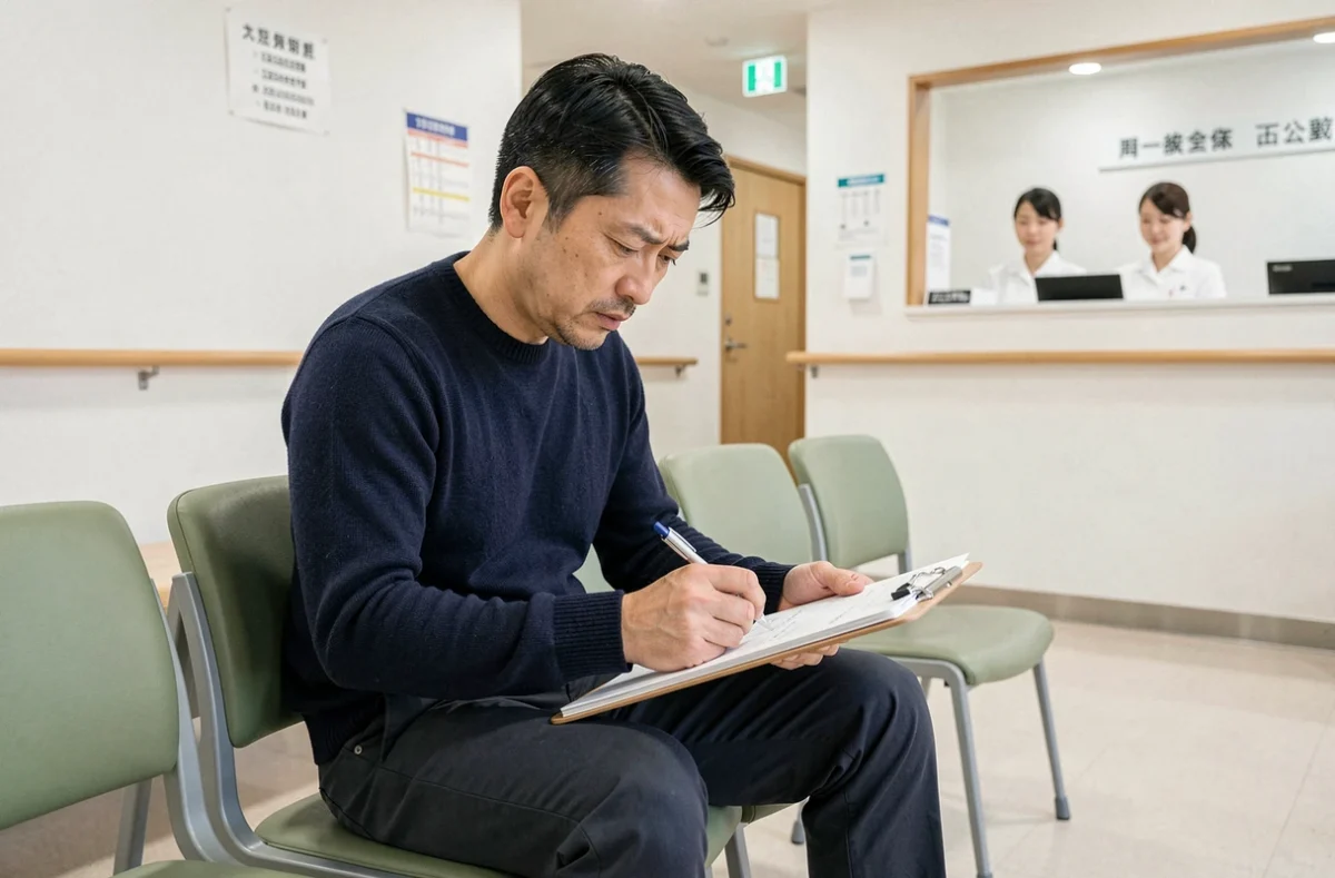 Voyageur occidental remplissant des formulaires médicaux dans un hôpital japonais, soulignant la nécessité d'une assurance voyage au Japon