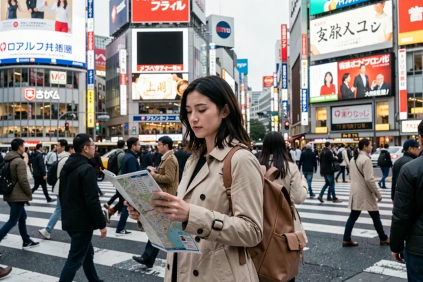 Voyageuse française consultant son téléphone au carrefour de Shibuya à Tokyo, illustrant l'importance d'une assurance voyage au Japon