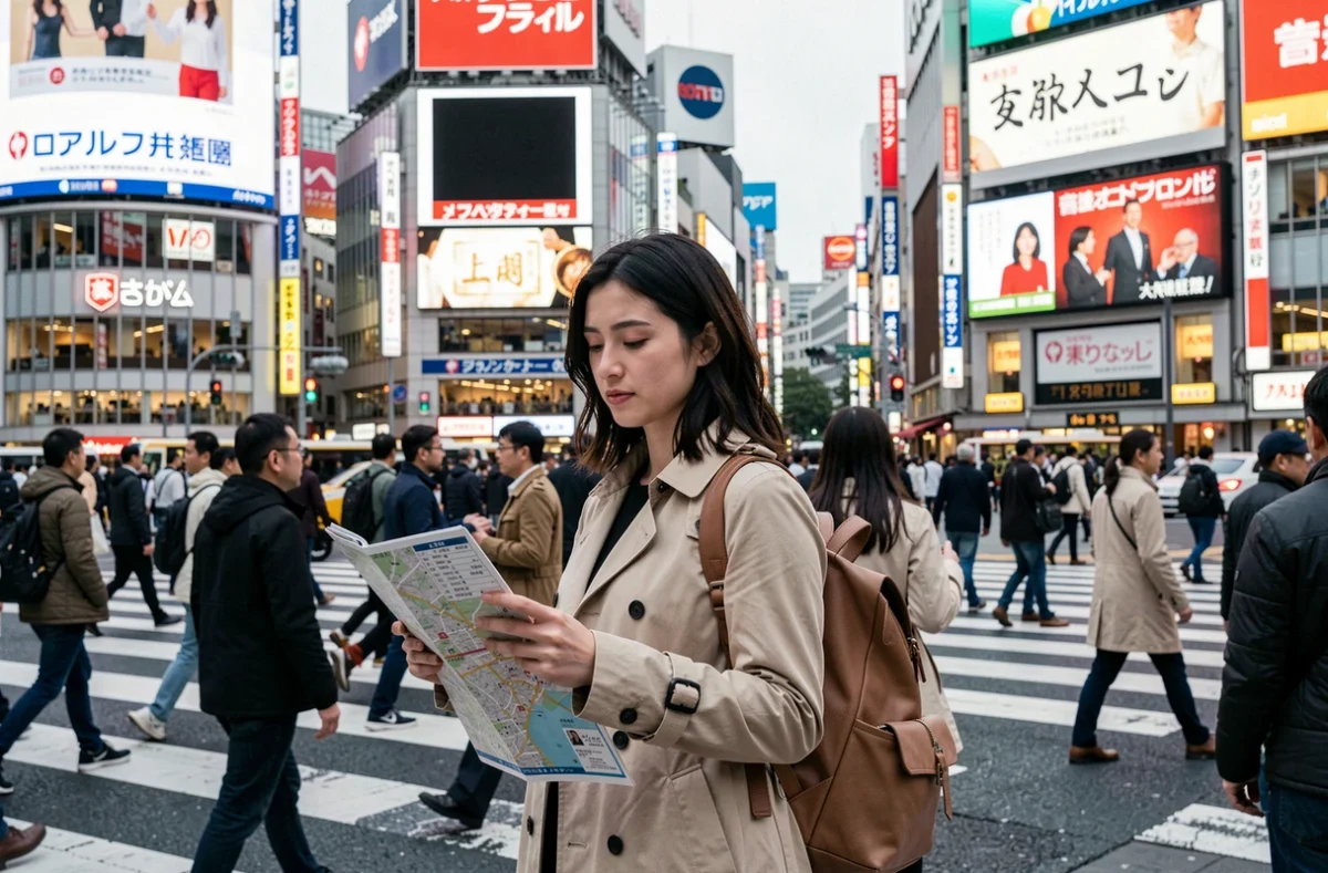 Voyageuse française consultant son téléphone au carrefour de Shibuya à Tokyo, illustrant l'importance d'une assurance voyage au Japon